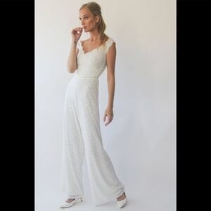 BLUSH custom‎ made white lace jumpsuit M/L stretch fabric lined NWT
